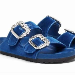 Manolo Blahnik X Birkenstock Blue Velvet  Arizona Sandals Crystals Buckle  EU37
